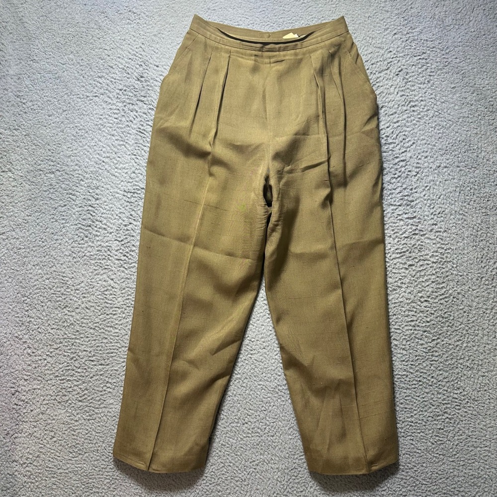 Anne Klein Vintage Silk Trousers Women's 10 Olive Pleated Dress Pants USA
